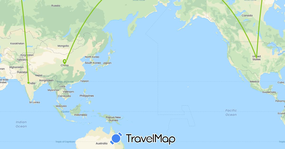 TravelMap itinerary: driving, electric vehicle in China, India, United States (Asia, North America)
